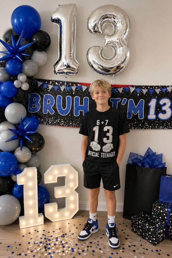 13 year old boy at a blue, black, and silver birthday party with Bruh I’m 13 decorations, balloons, and large light-up number 13.