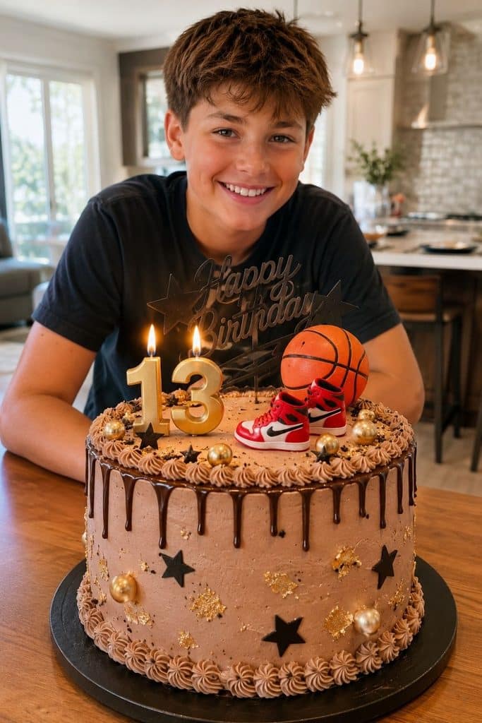 13 year old boy with a basketball themed birthday cake featuring number 13 candles, mini basketball shoes, gold accents, and black stars.