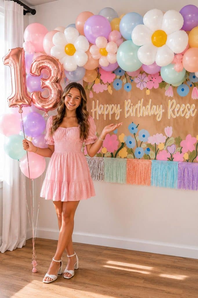 Teen girl standing in front of a colorful floral 13th birthday backdrop with pastel balloons and oversized white daisy decorations.