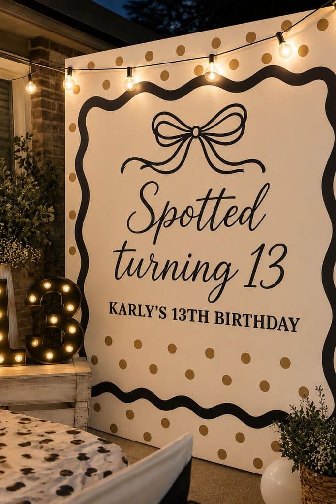 Spotted Turning 13 birthday party backdrop with black and gold polka dots, bow details, light-up number 13 decorations, and a stylish evening party setup.