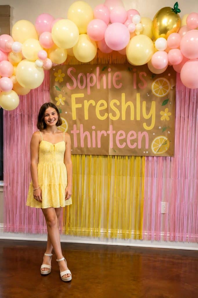13 year old girl standing in front of a pink and yellow Freshly Thirteen birthday backdrop with balloons and lemon decorations.