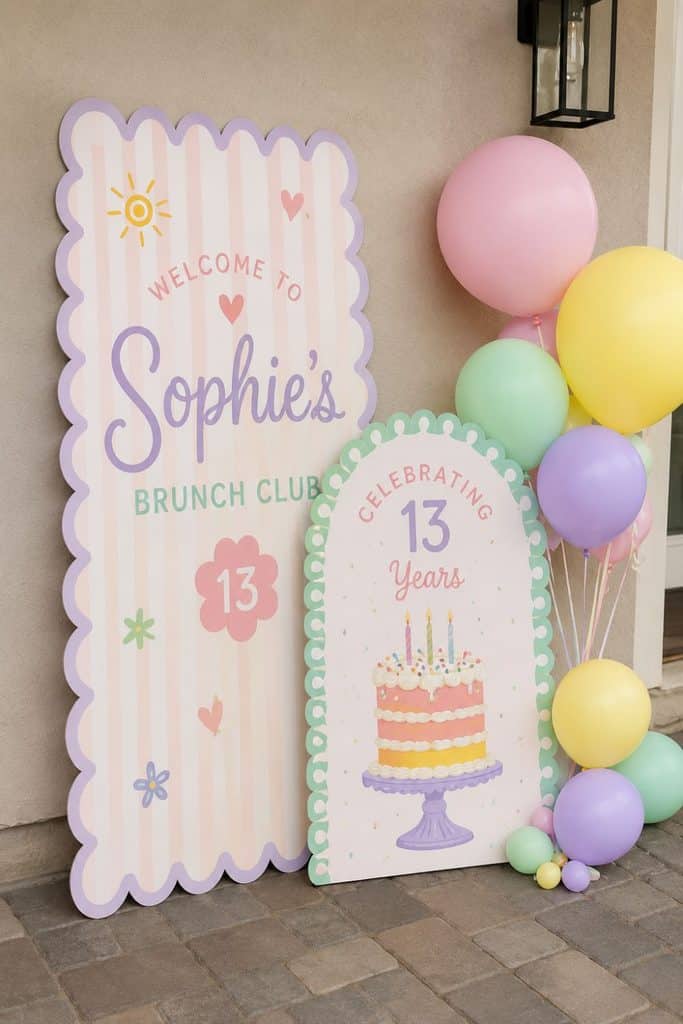 Pastel Sweet 13 brunch party entrance with personalized Brunch Club signs, pink, yellow, mint, and lavender balloons, and a 13th birthday cake design.