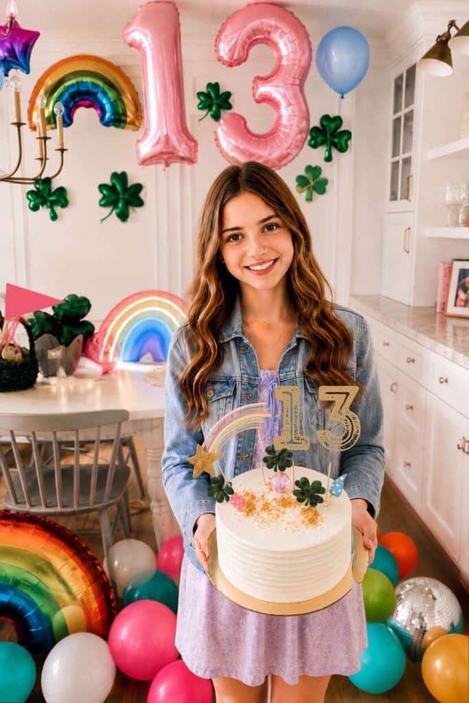 Teen girl holding a 13th birthday cake at a colorful Lucky 13 party with rainbow decorations, shamrocks, balloons, and large pink number 13 balloons.