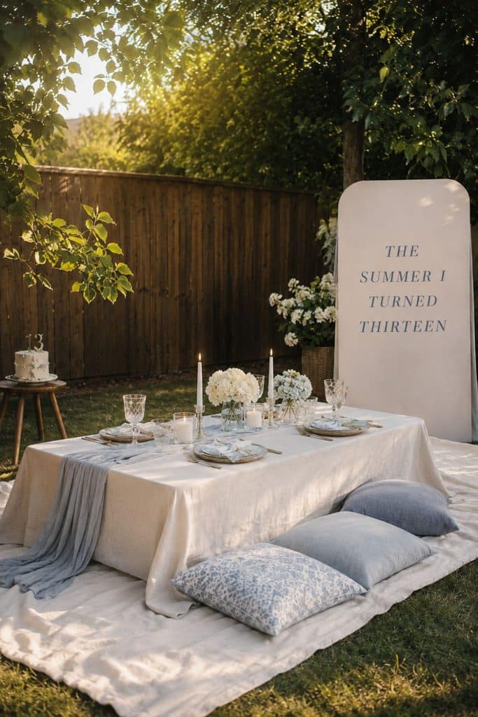 Elegant backyard 13th birthday picnic with a low table, blue and cream pillows, white flowers, candles, and a sign reading The Summer I Turned Thirteen.