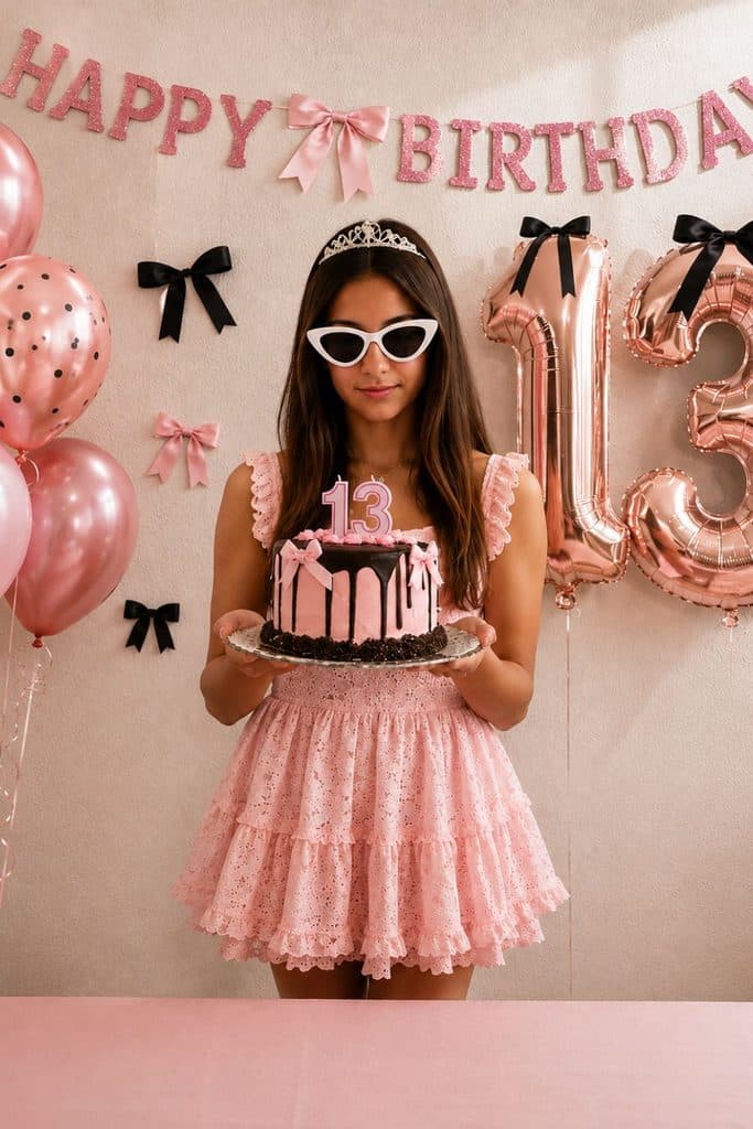 13 year old girl holding a pink birthday cake at a pink Sweet 13 party with bows, balloons, and large number 13 decorations.