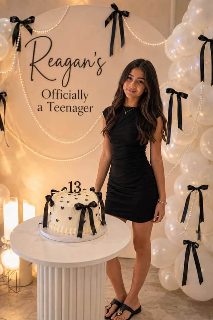 13 year old girl at a black and white Officially a Teenager birthday party with black bows, pearl garlands, white balloons, and a number 13 cake.