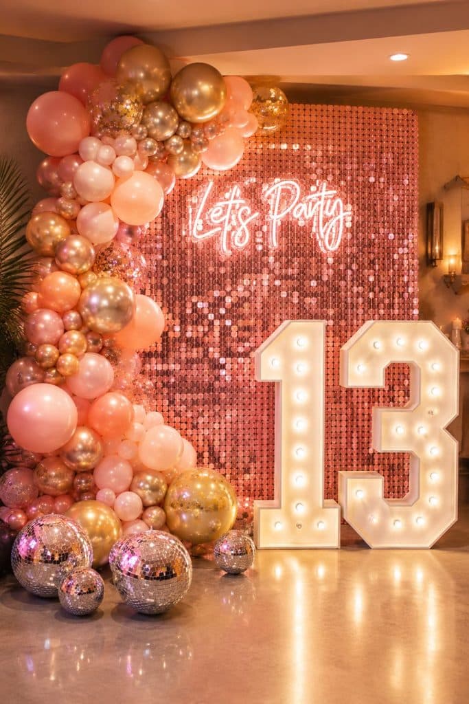 Pink disco themed 13th birthday party setup with rose gold balloons, a pink shimmer wall, disco balls, a Let’s Party neon sign, and large light-up number 13 decorations.