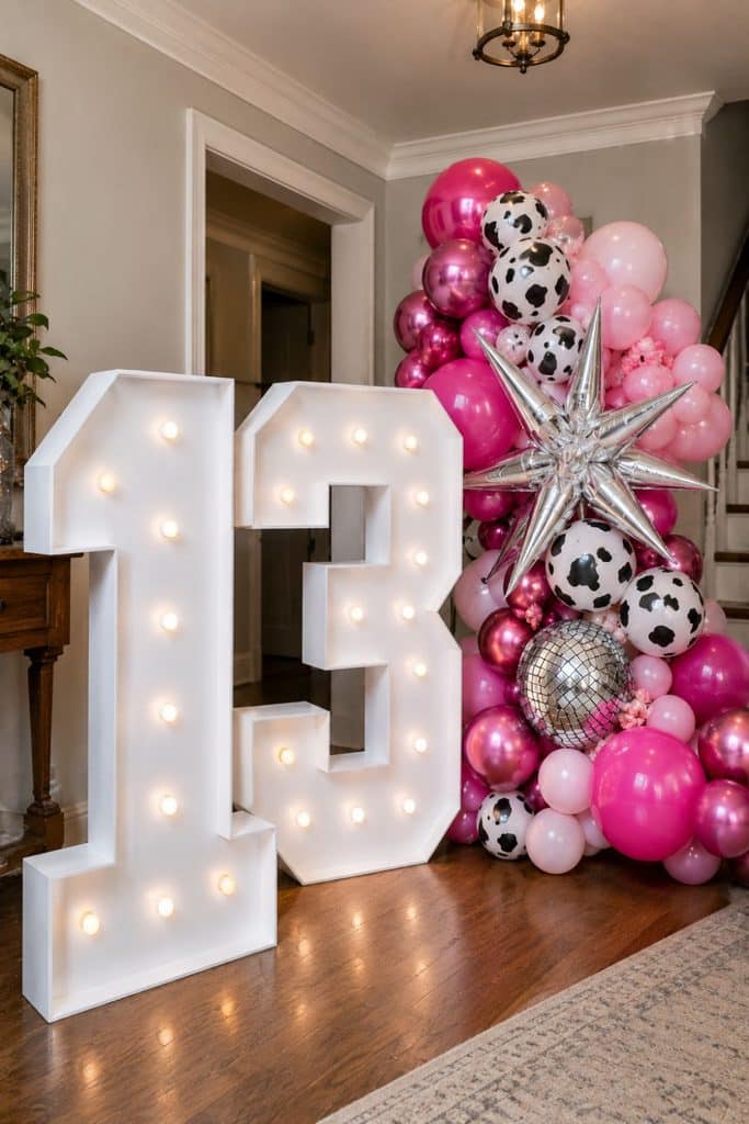 Disco cowgirl 13th birthday party setup with large light-up number 13 decorations, pink balloon garland, cow-print balloons, silver starburst balloon, and disco ball accents.