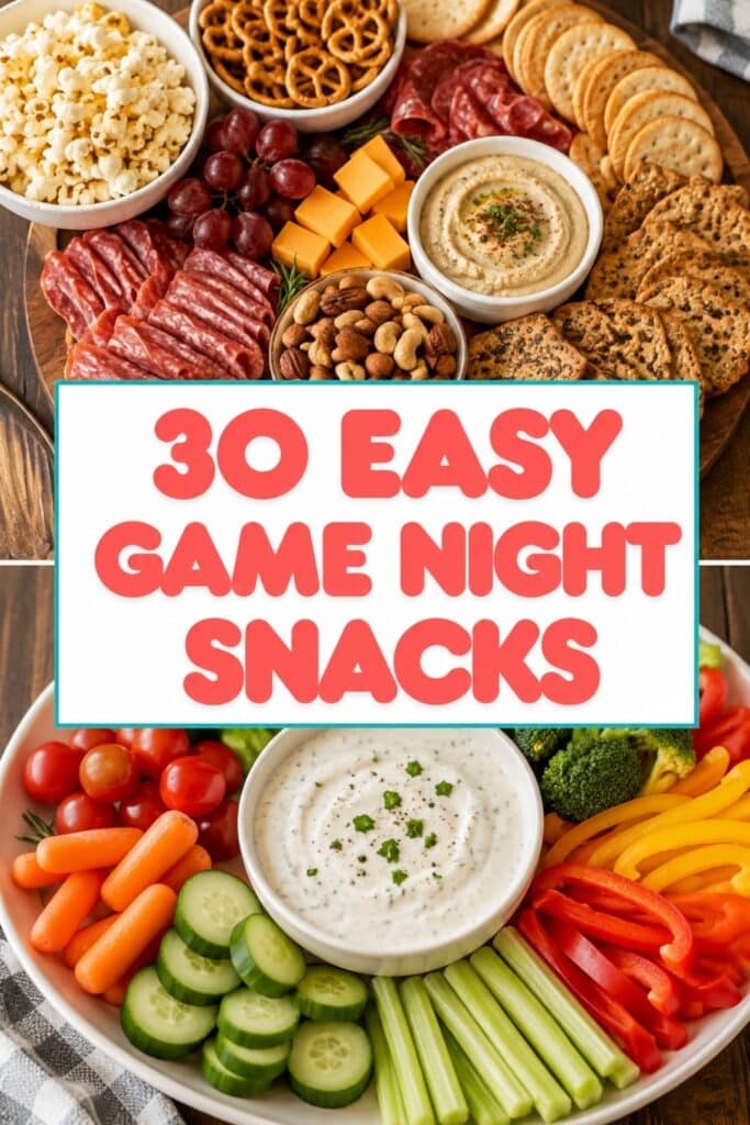 An easy game night snacks board with popcorn, pretzels, salami, cheese, and hummus above a fresh veggie platter with ranch dip.